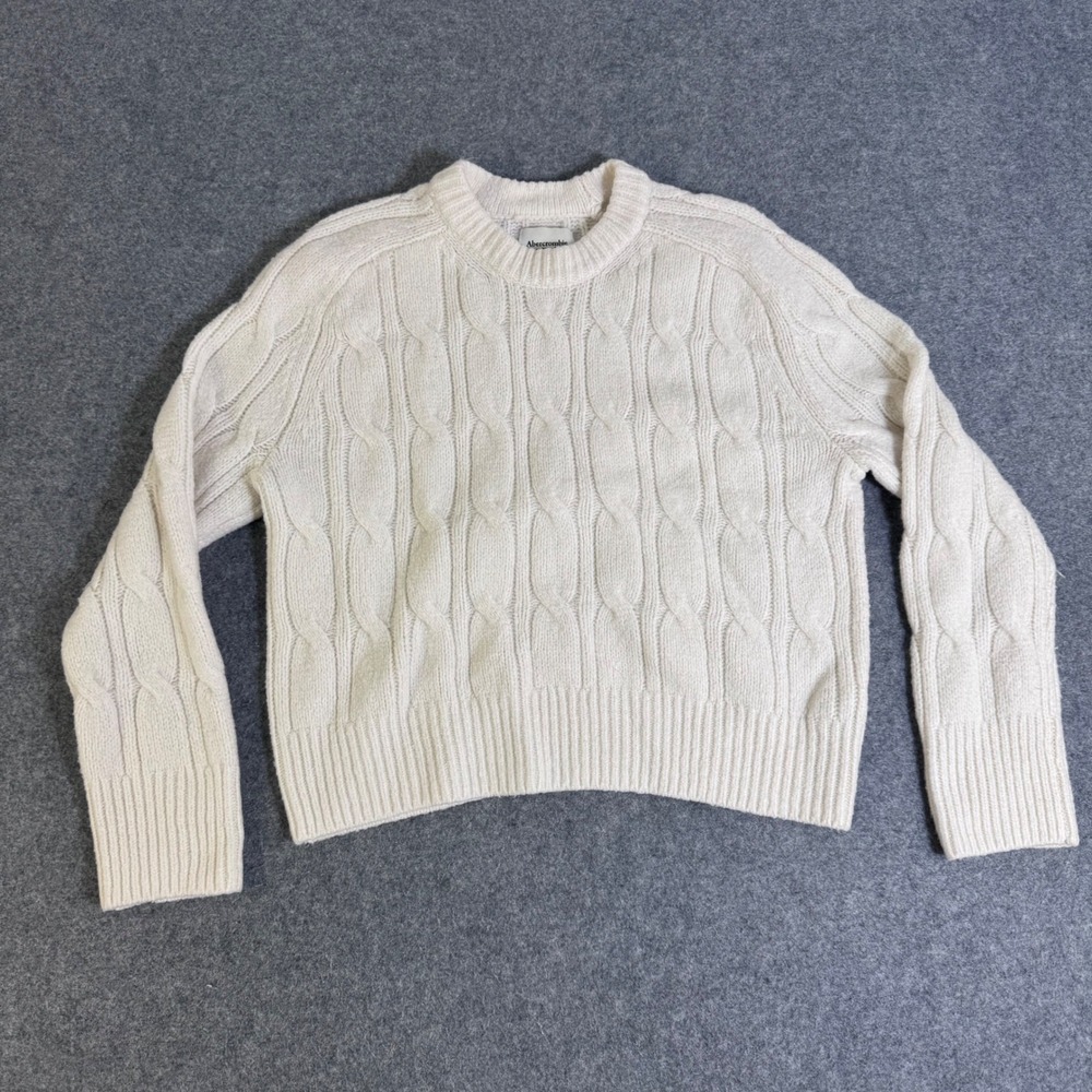 Abercrombie & Fitch Womens Cream Cable Knit Wool Blend Crewneck Sweater S